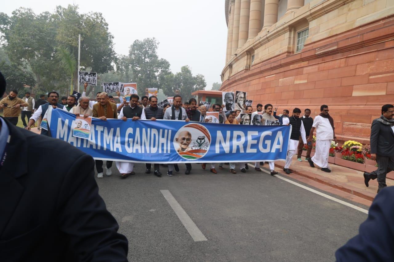 Opposition protests in Parliament complex over renaming of MGNREGA, Sonia Gandhi joins march