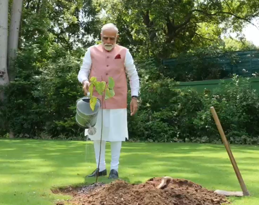PM Modi plants Sindoor sapling given by 1971 war ‘Viranganas’ at official residence