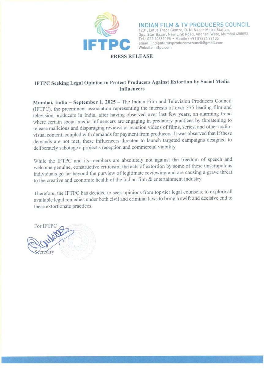 IFTPC raises concern against extortion by the social media influencers, seek legal opinion