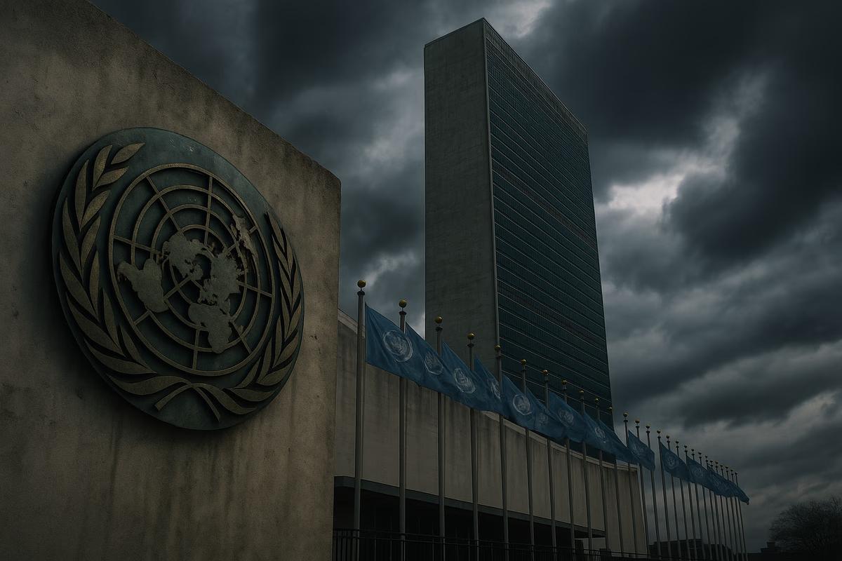 United Nations headquarters in New York stands UN flags