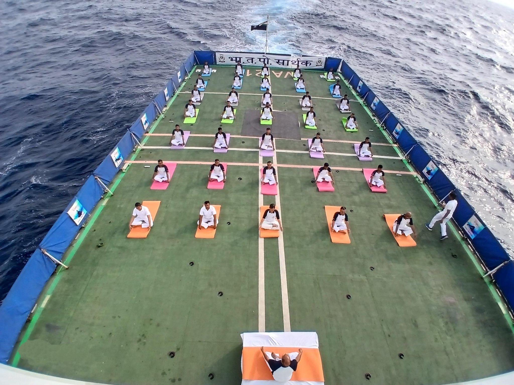 Personnel onboard ICG Ship Sarthak hold meditation session at Saudi Arabia's King Abdulaziz Port