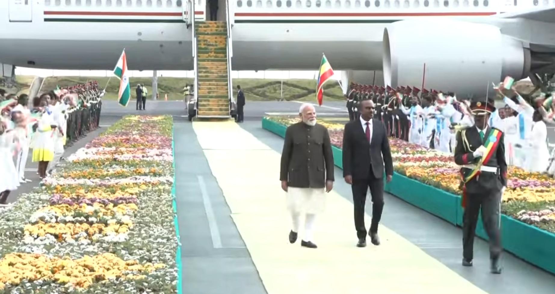 PM Modi arrives in Addis Ababa, received by Ethiopian counterpart at airport