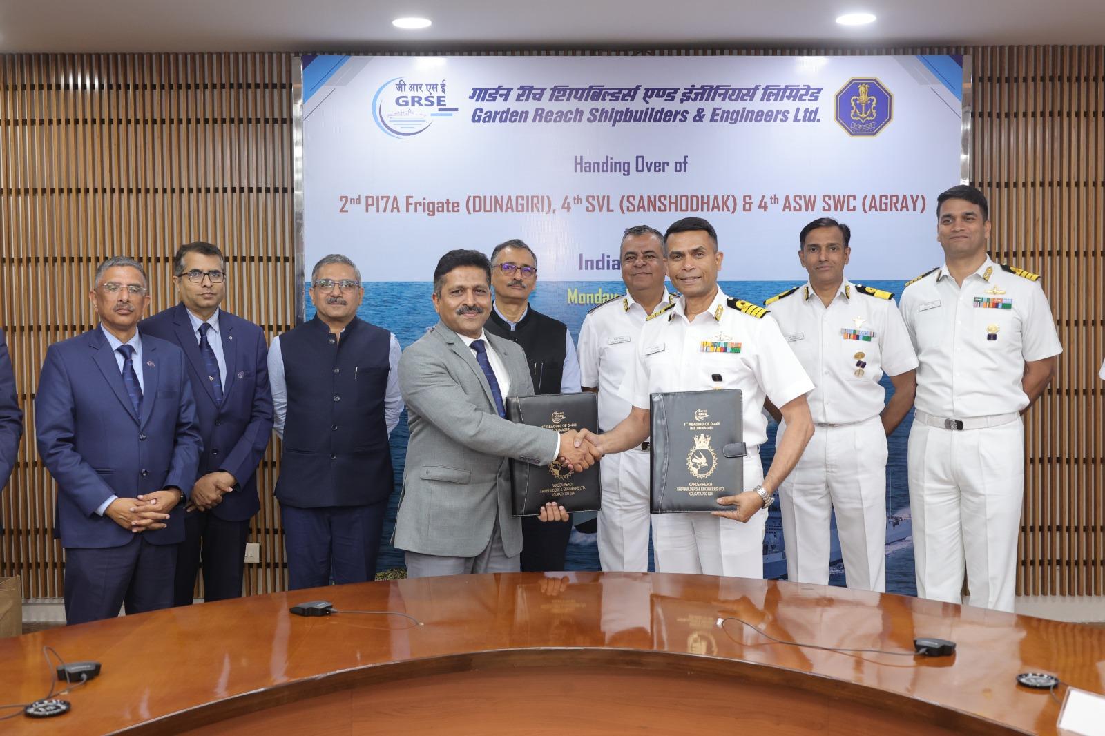 GRSE delivers three warships to Navy on single day