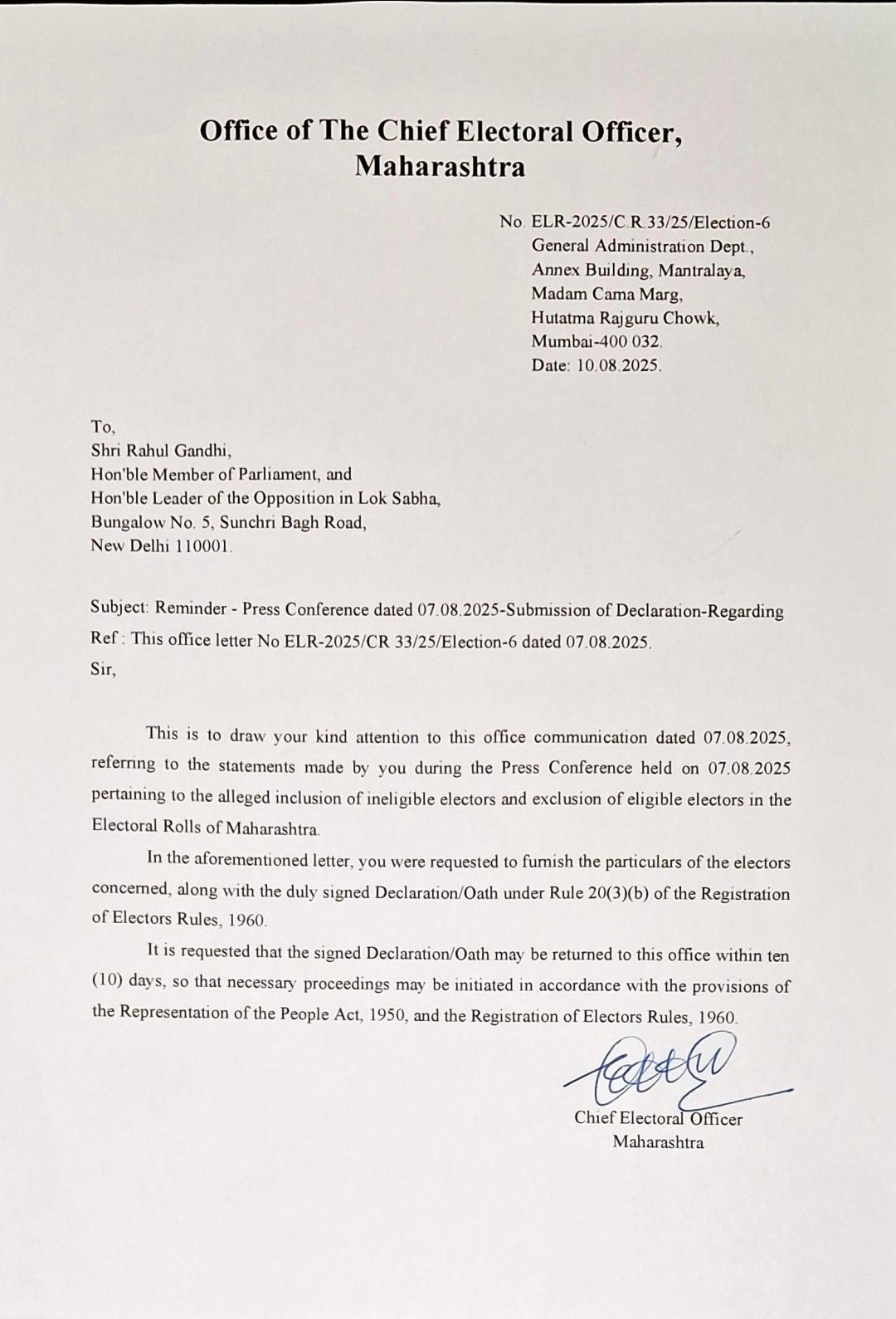 Maharashtra CEO reminds Rahul Gandhi to submit declaration on voter list allegations