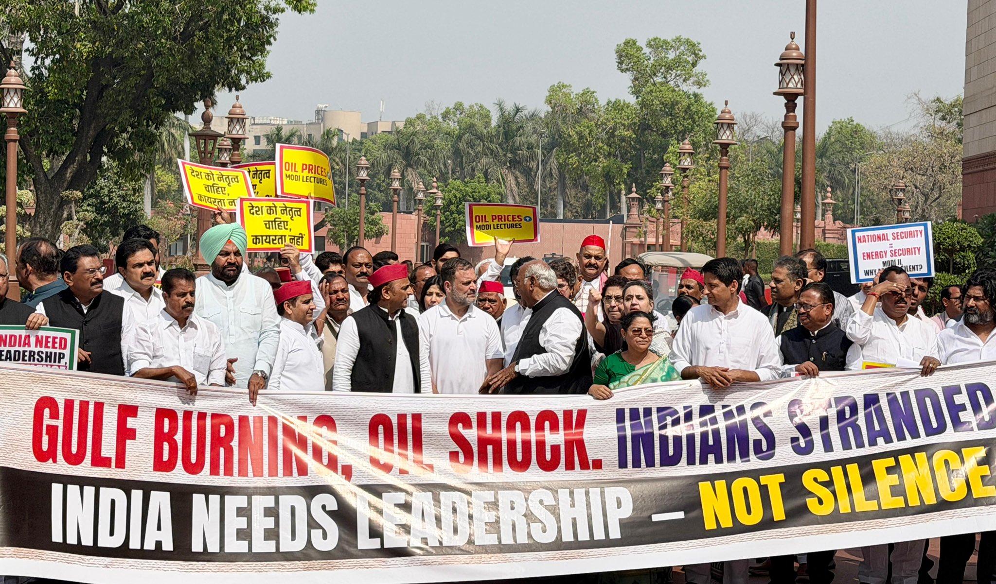 INDIA bloc MPs accuse Centre of ‘silence’ on West Asia conflict, protest in Parliament complex (Lead)