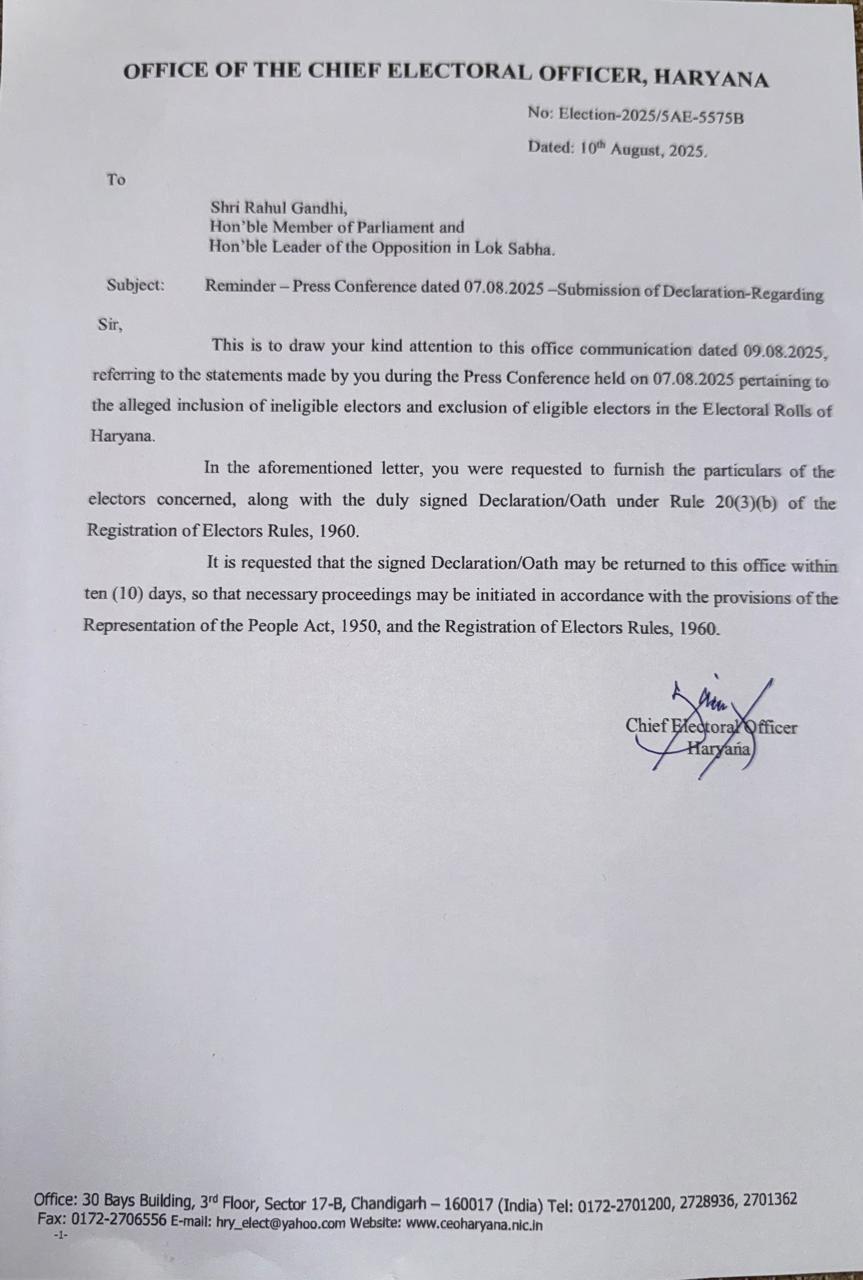 Haryana Chief Electoral Officer issues notice to Rahul Gandhi on voter list allegations
