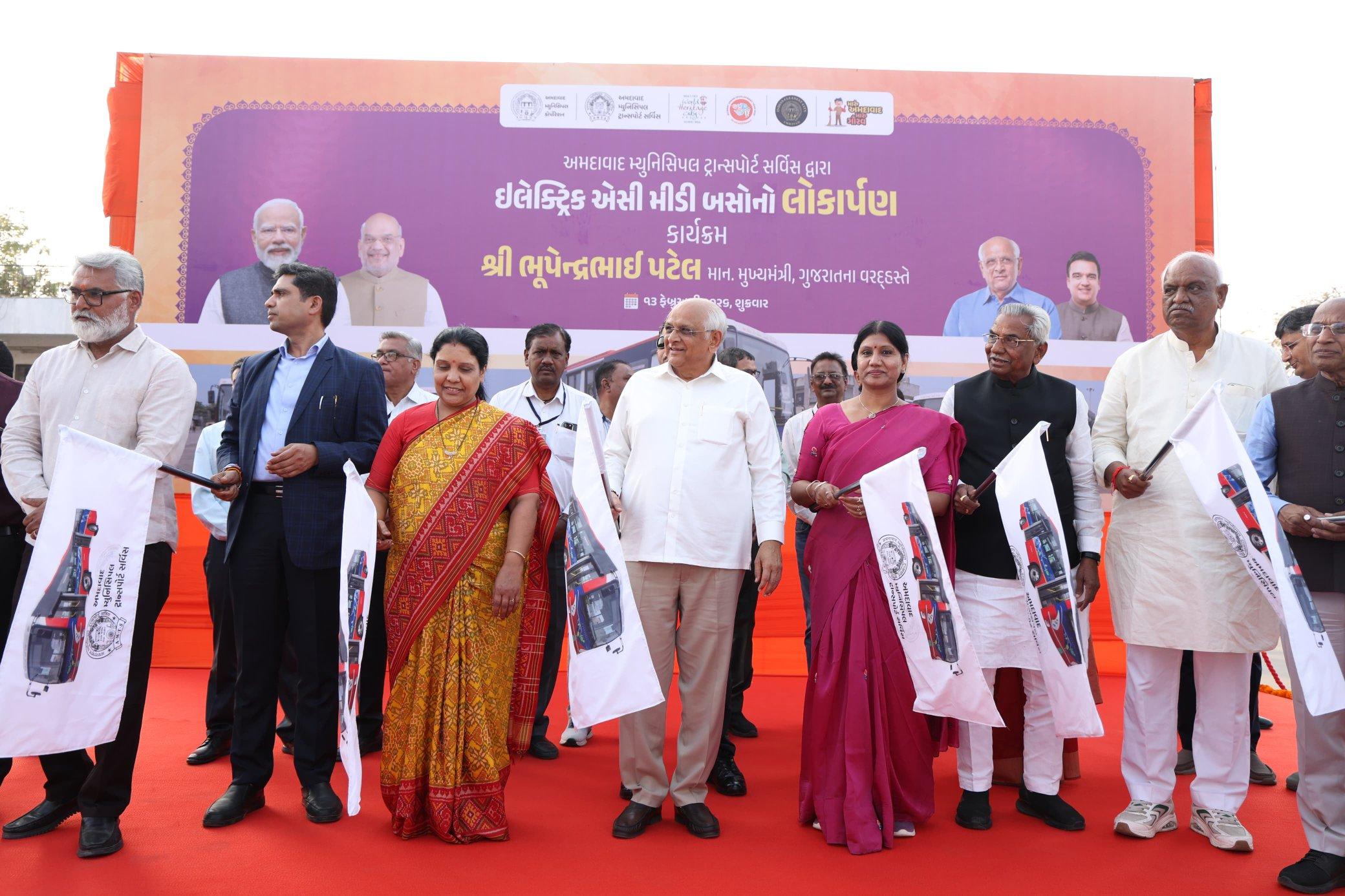 Gujarat CM flags off 28 AMTS electric buses, 225 planned
