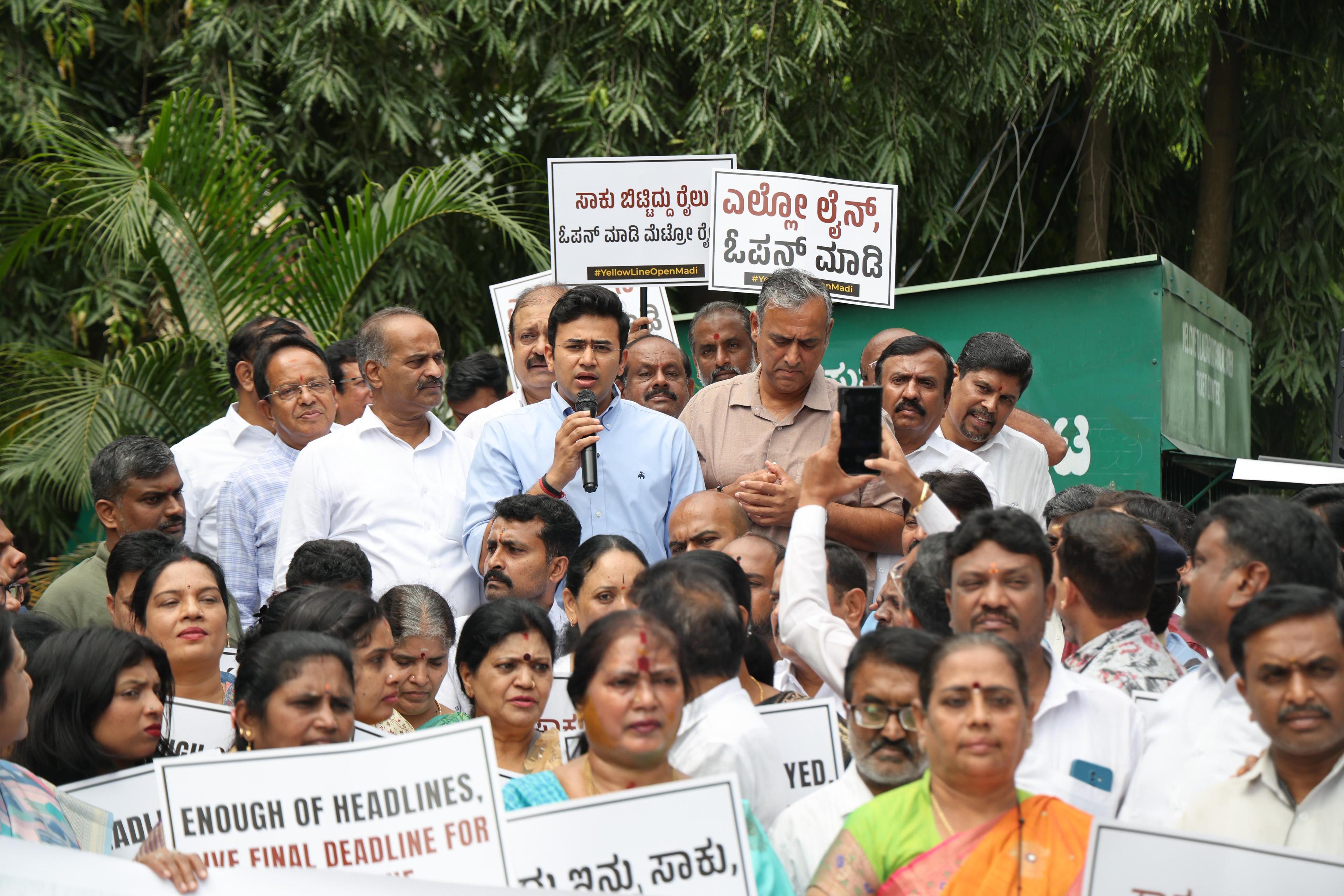 Tejasvi Surya leads protest demanding completion of Yellow Line Metro in Bengaluru