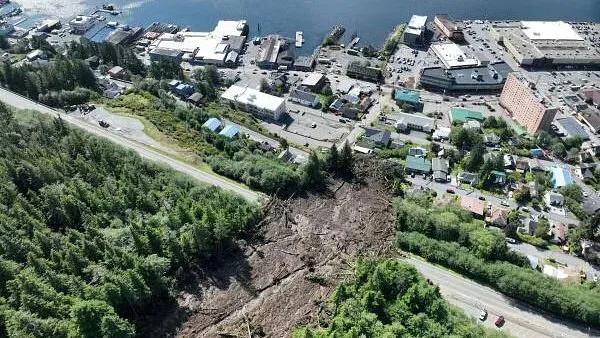 A landslide remains after a large, rain-drenched slope gave way, killing one person, injuring three others and leaving dozens of homes damaged, under evacuation orders and without power, in a drone photograph in Ketchikan, Alaska, US.