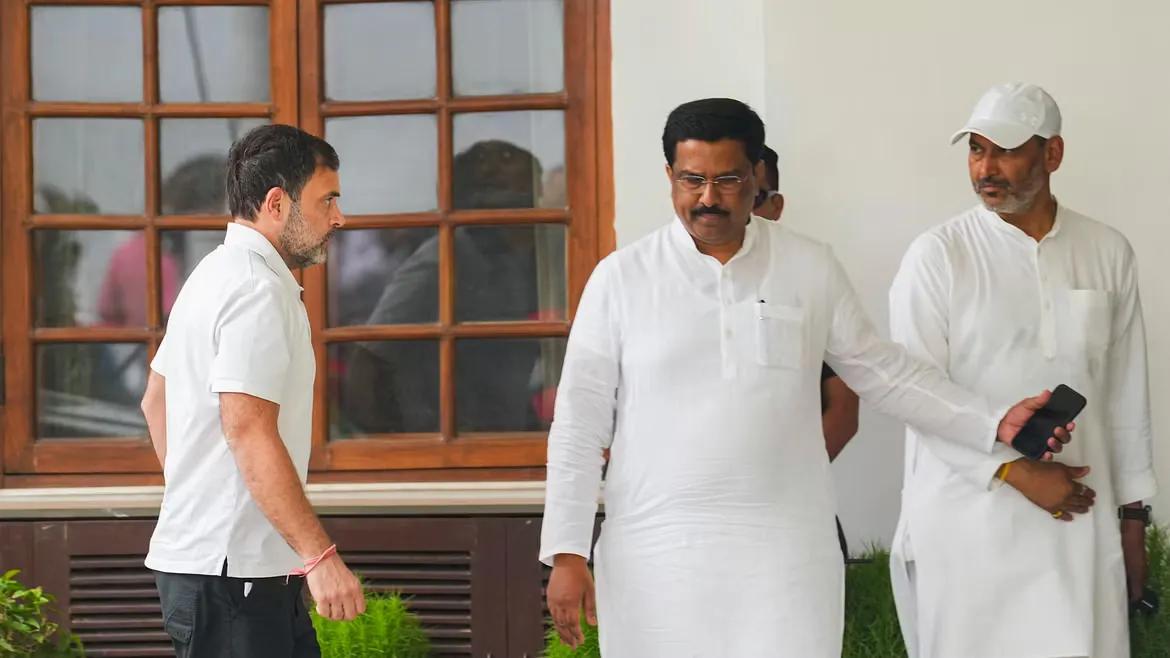 Rahul Gandhi arrives for a meeting of I.N.D.I.A