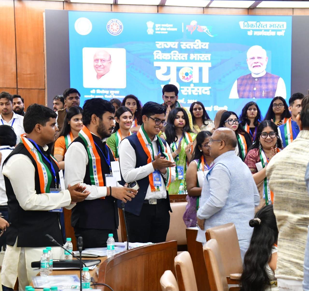 Delhi Speaker Vijender Gupta greets 3 winners of state-level ‘Viksit Bharat’ Youth Parliament 2026