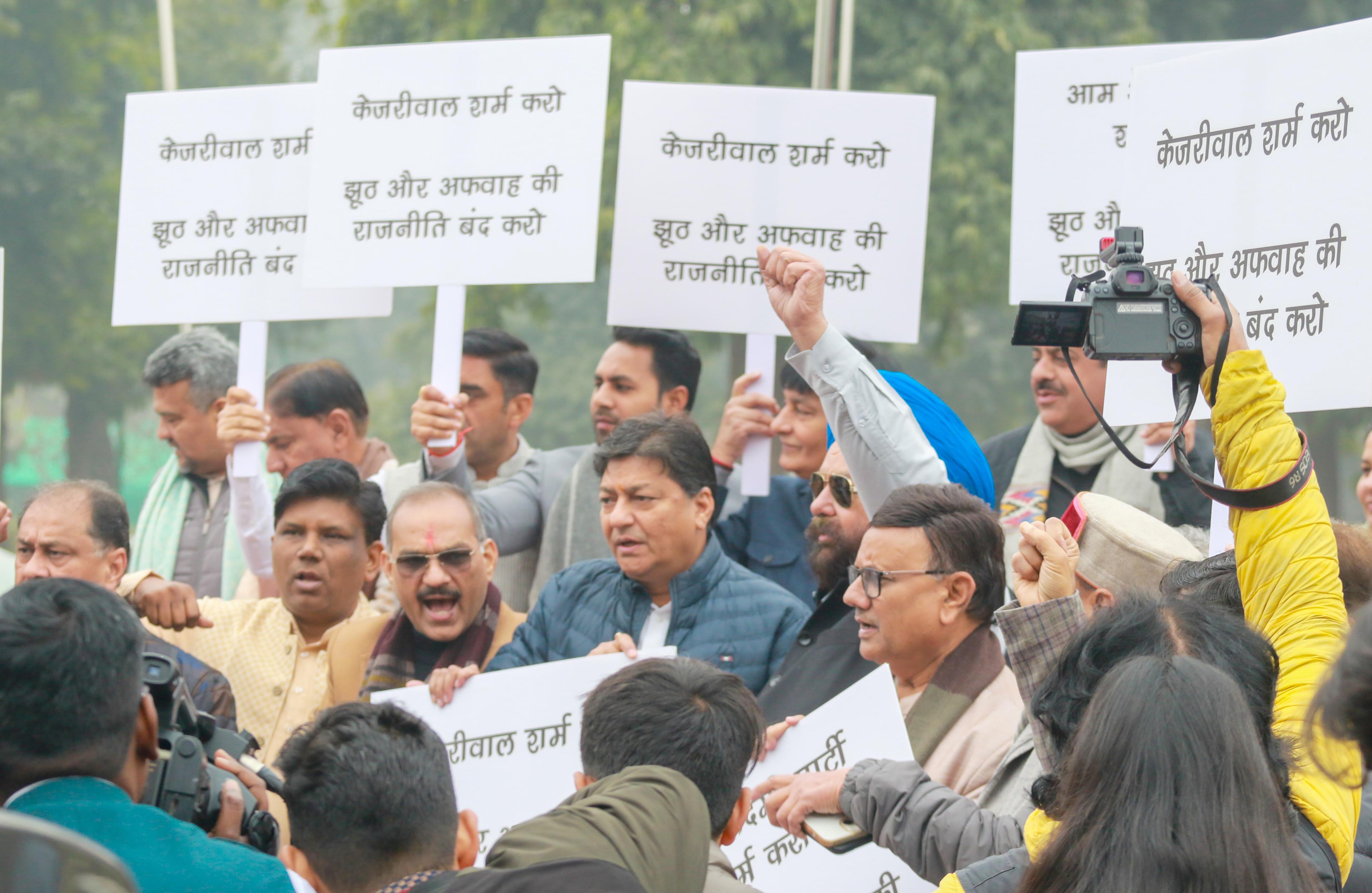 'Insulting, mislead public': BJP protests outside Delhi Assembly against Kejriwal's 'dog-counting' claim