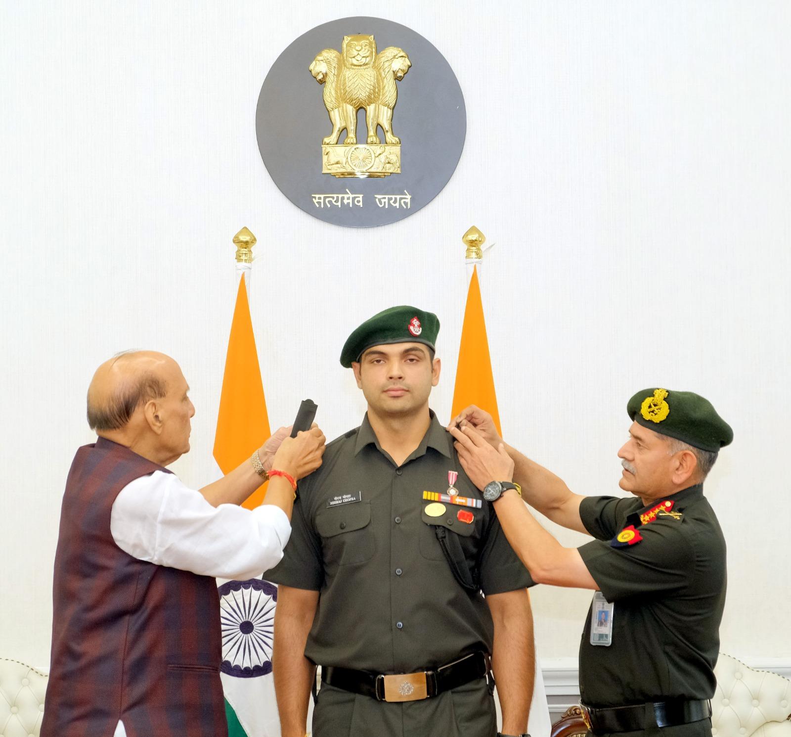 Rajnath Singh confers rank of Honorary Lieutenant Colonel to javelin star Neeraj Chopra