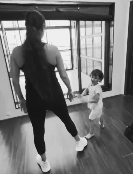 Dia Mirza enjoys a fun session at the gym with her little companion