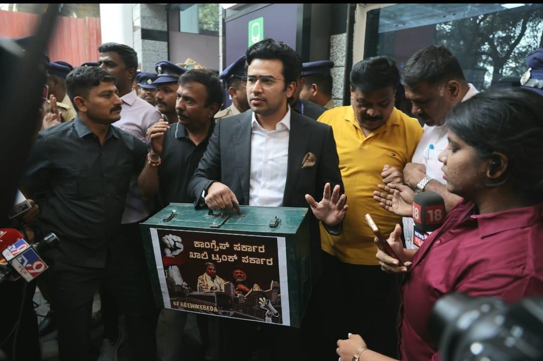 Displaying 'empty trunk', Tejasvi Surya detained during protest in Bengaluru