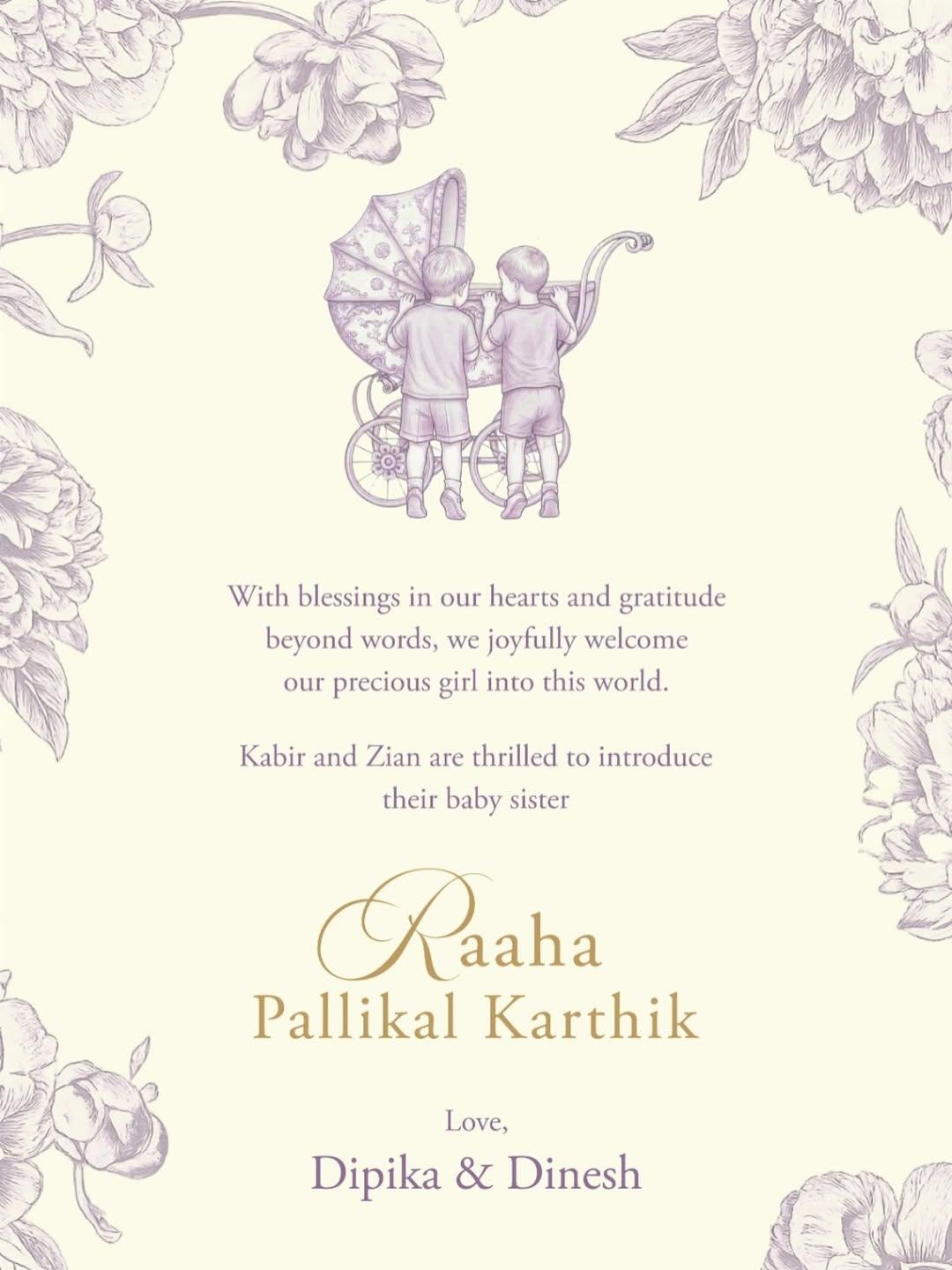 Dinesh Karthik and wife Dipika Pallikal welcome baby girl ‘Raaha’