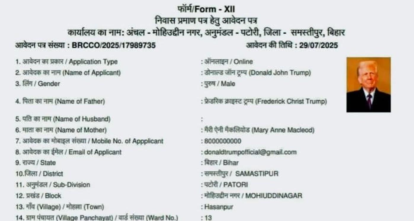 Bihar: Officials stunned by fake residential certificate application in Trump’s name