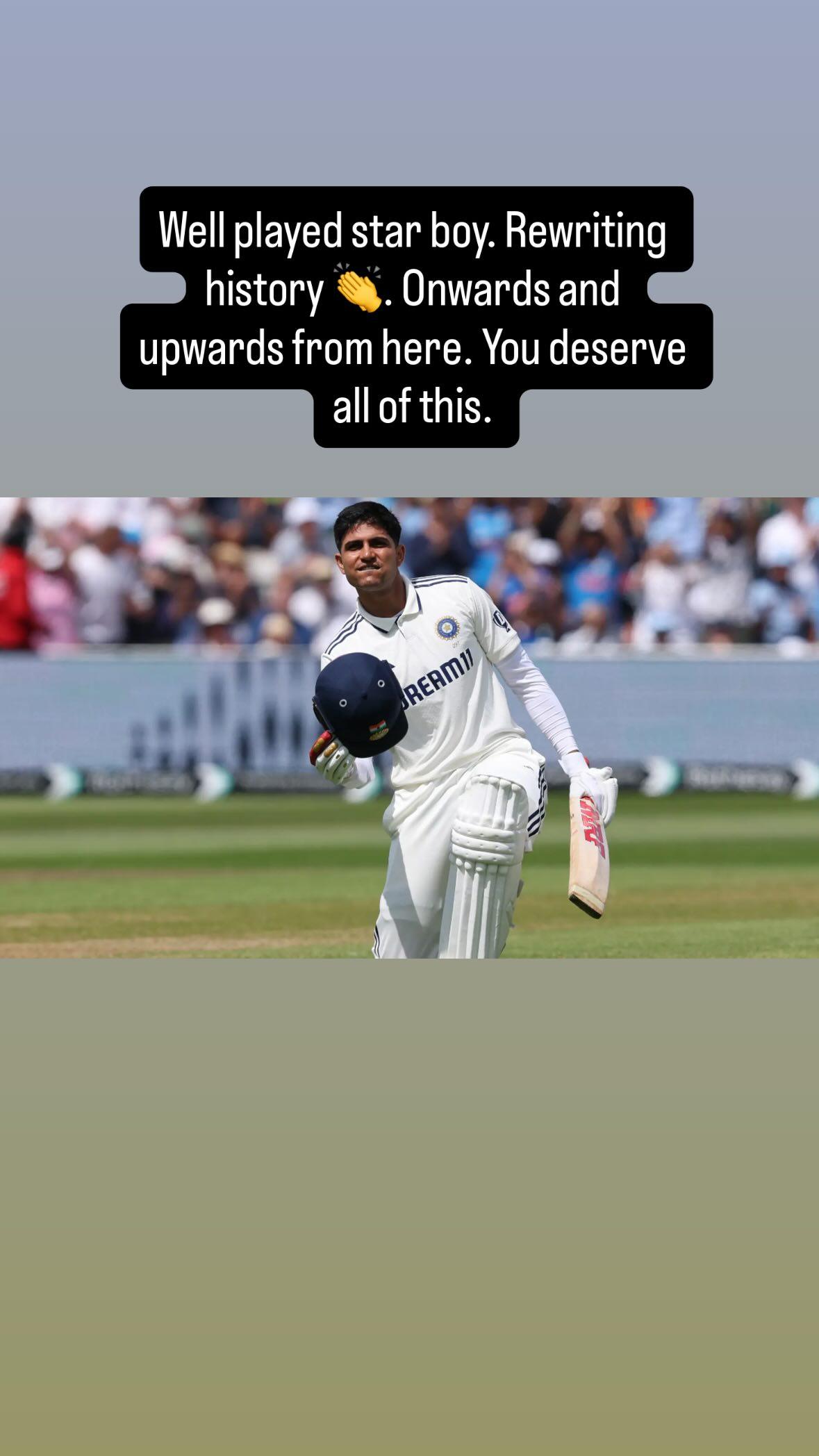 2nd Test: Virat Kohli hails Shubman Gill in Insta story after century at Edgbaston