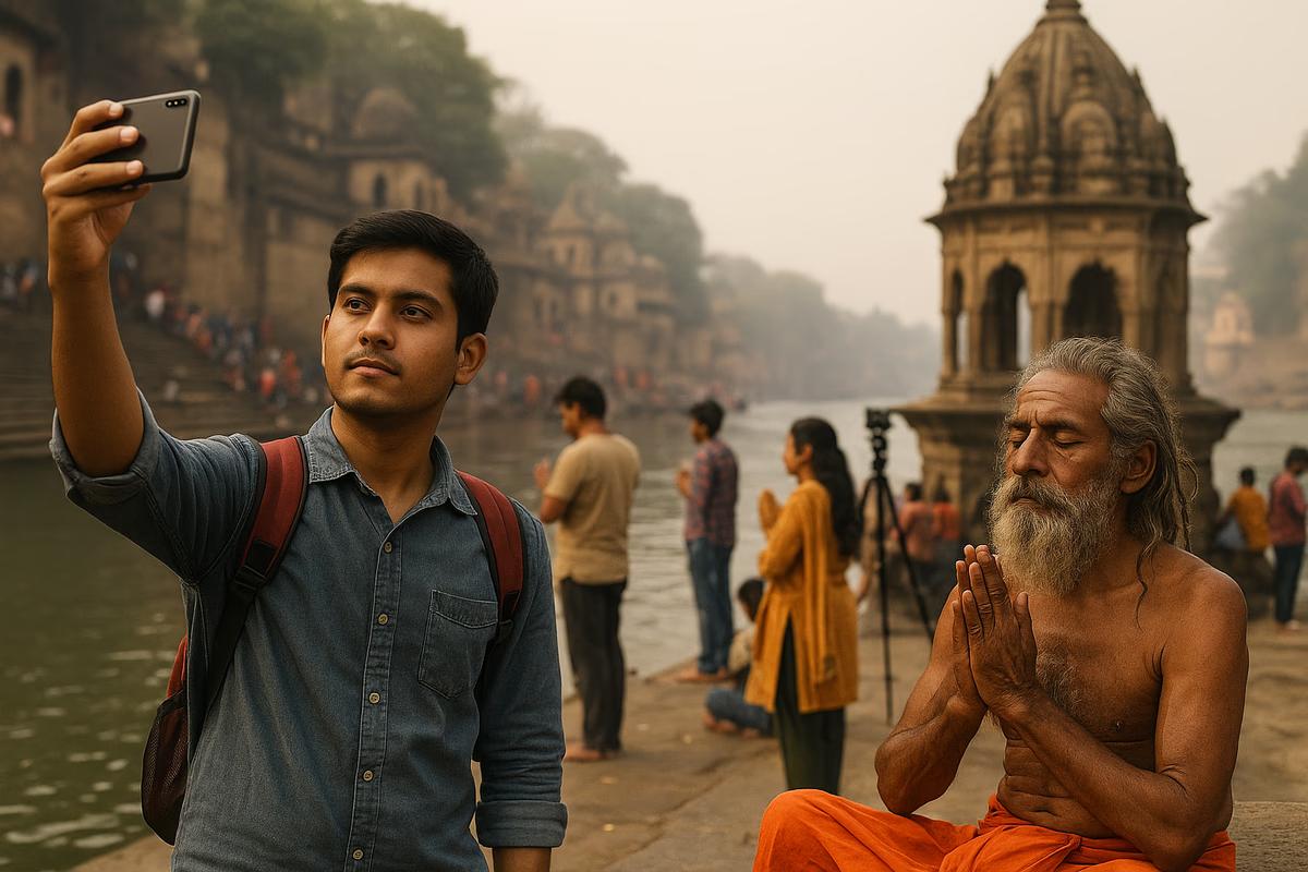 young man takes a selfie while an elderly sadhu sits nearby in meditation
