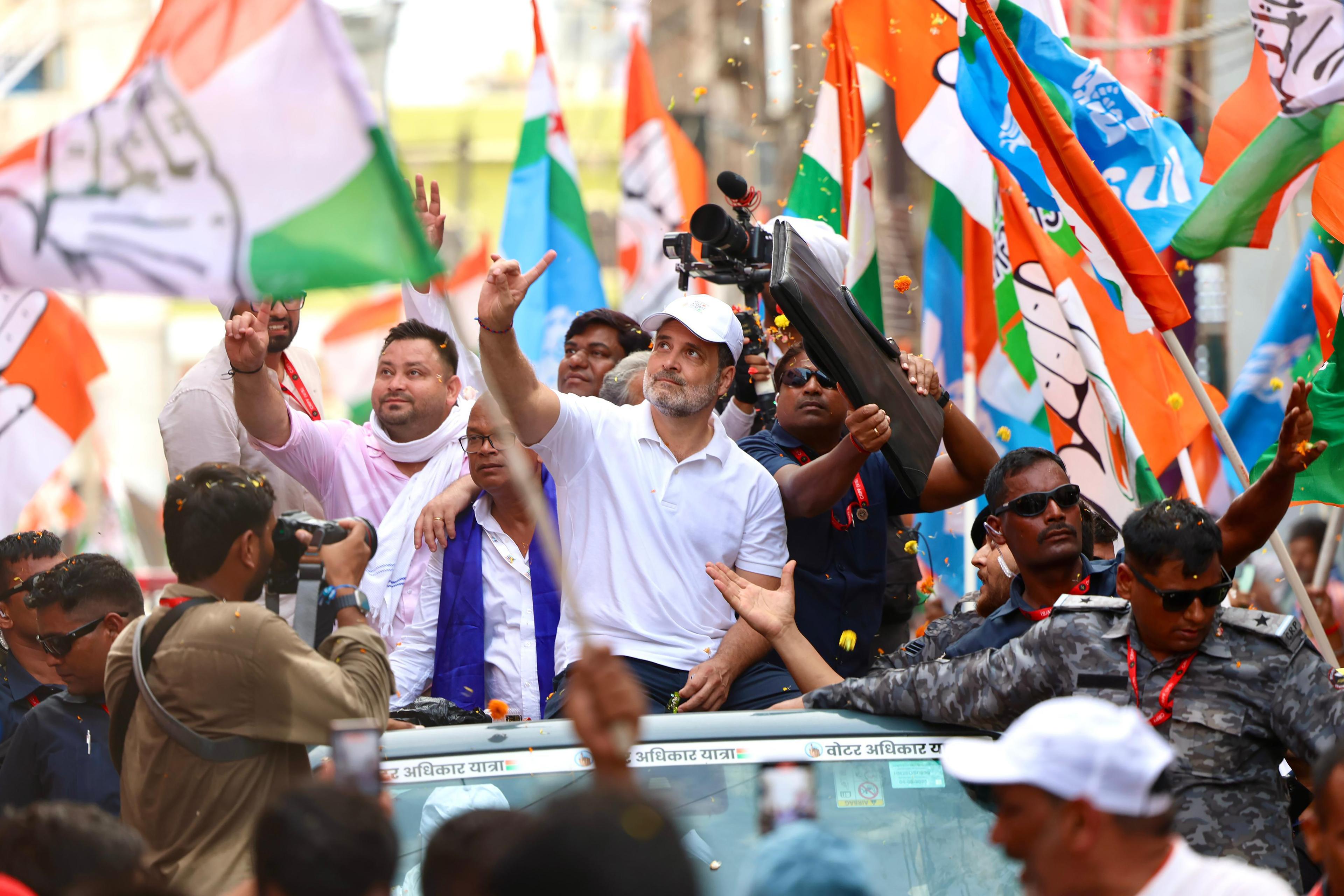 Bihar: 'Voter Adhikar Rally' reaches Munger; Tejashwi, Rahul slam CM Nitish Kumar, ECI
